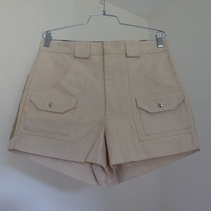 Vintage Cream Shorts with Suede Panel and Button Pockets
